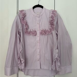 KIKA VARGAS Momoyo Lavender Eyelet Trimmed Striped Ruffle Shirt